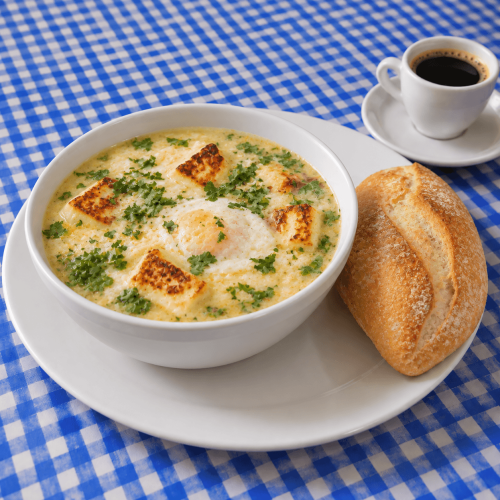 Desayuno rústico con sopa, queso y café (1)